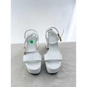 Larroude Raffia Leather Ankle Strap Block Heel Platform Sandals White US 9.5